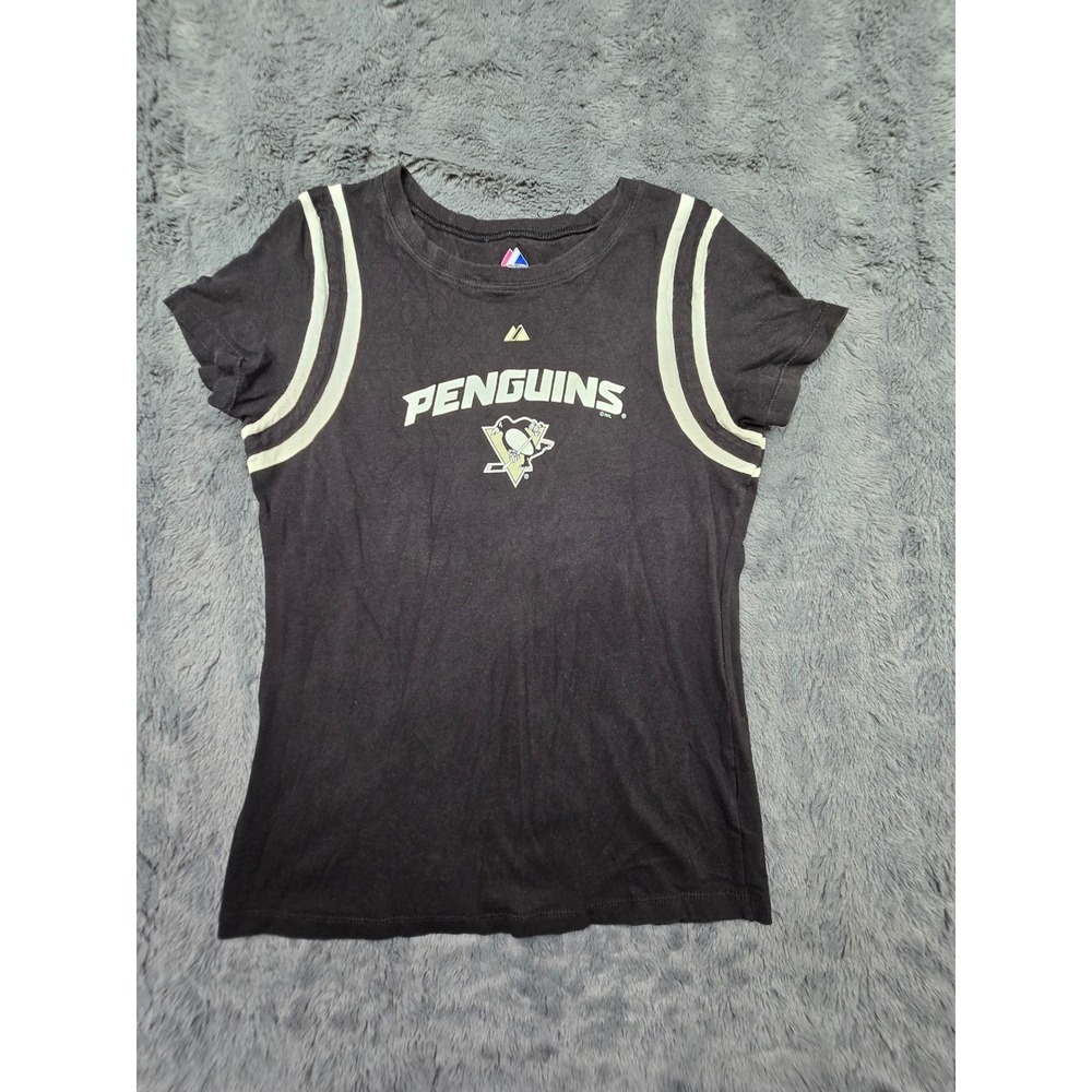 Majestic Pittsburgh Penguins NHL T-Shirt Womens Small Black Graphic Tee 0408